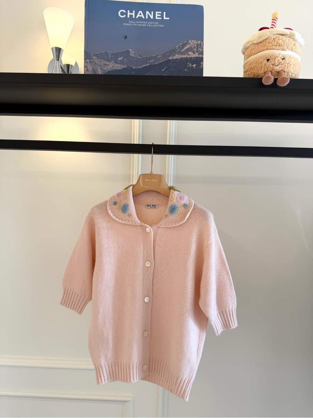Miu Miu Pale Pink Knit Button-Front Cardigan with Embroidered Collar